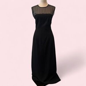 Vintage 90s Plaza South Black Sheer Mesh Maxi Dress Soutache Lace Detail  14
